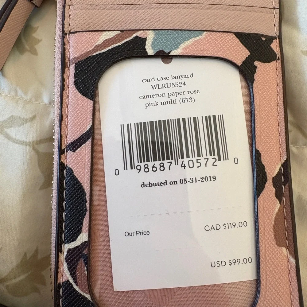 NWT Kate‎ Spade Card Case Lanyard Cameron Paper Rose Pink Multi Wallet ID Holder